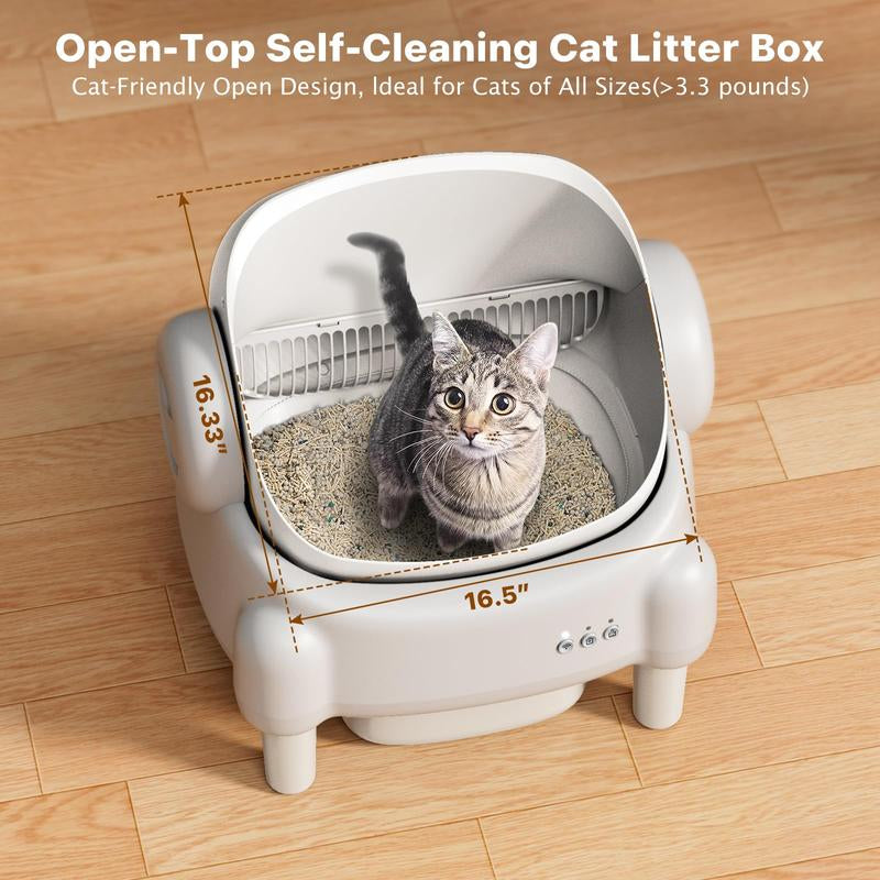 TAYACICY Self Cleaning Litter Box Open-Top with App Control for Multiple Cats 16.5"X16.5" Entrance Dual Safety Tech 10.5L Sealed Waste Bin Cream White