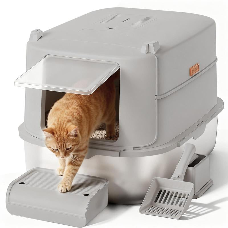 Spring Special: Gtplayer XXL Stainless Steel Cat Litter Box (20L with Lid). High-Sided, Leak-Proof Design. Includes Mat & Scoop. Odor-Resistant, Easy-Clean, Non-Stick Surface. XL Size for Large Cats & Multi-Cat Homes.